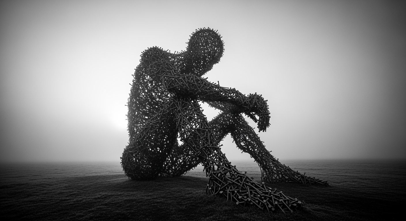 Iron Nail Sculpture in Moody Fog