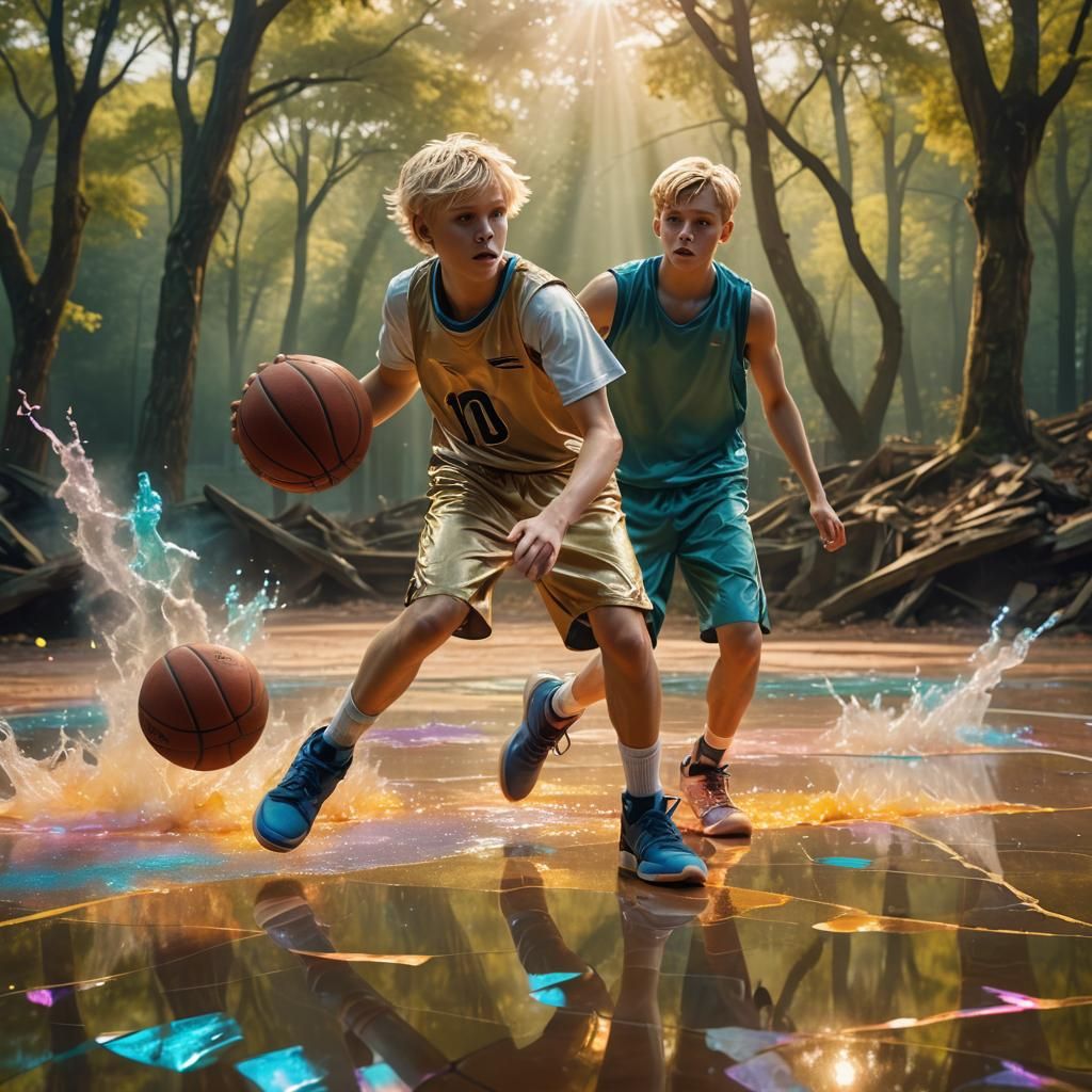 Boy Plays Basketball in Magical Arena, Matte Painting