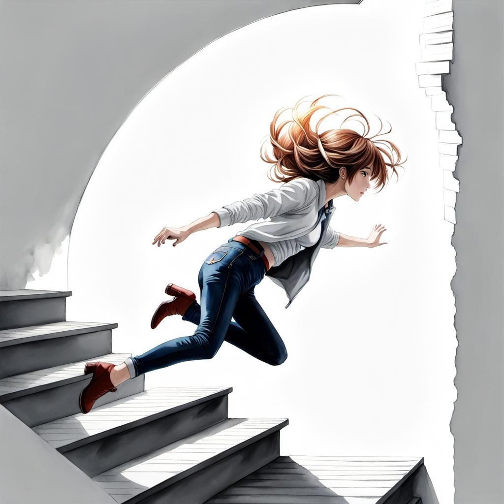 Anime Woman's Perilous Fall in Chiaroscuro