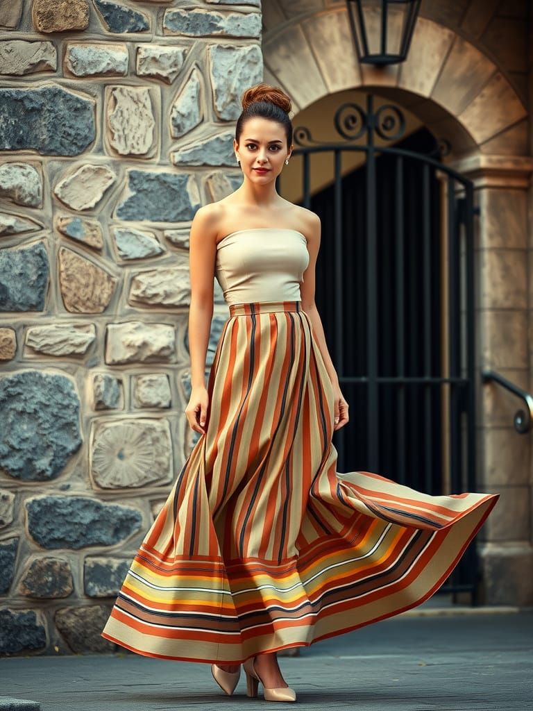 Woman in Beige Top and Striped Skirt, Vintage Photography