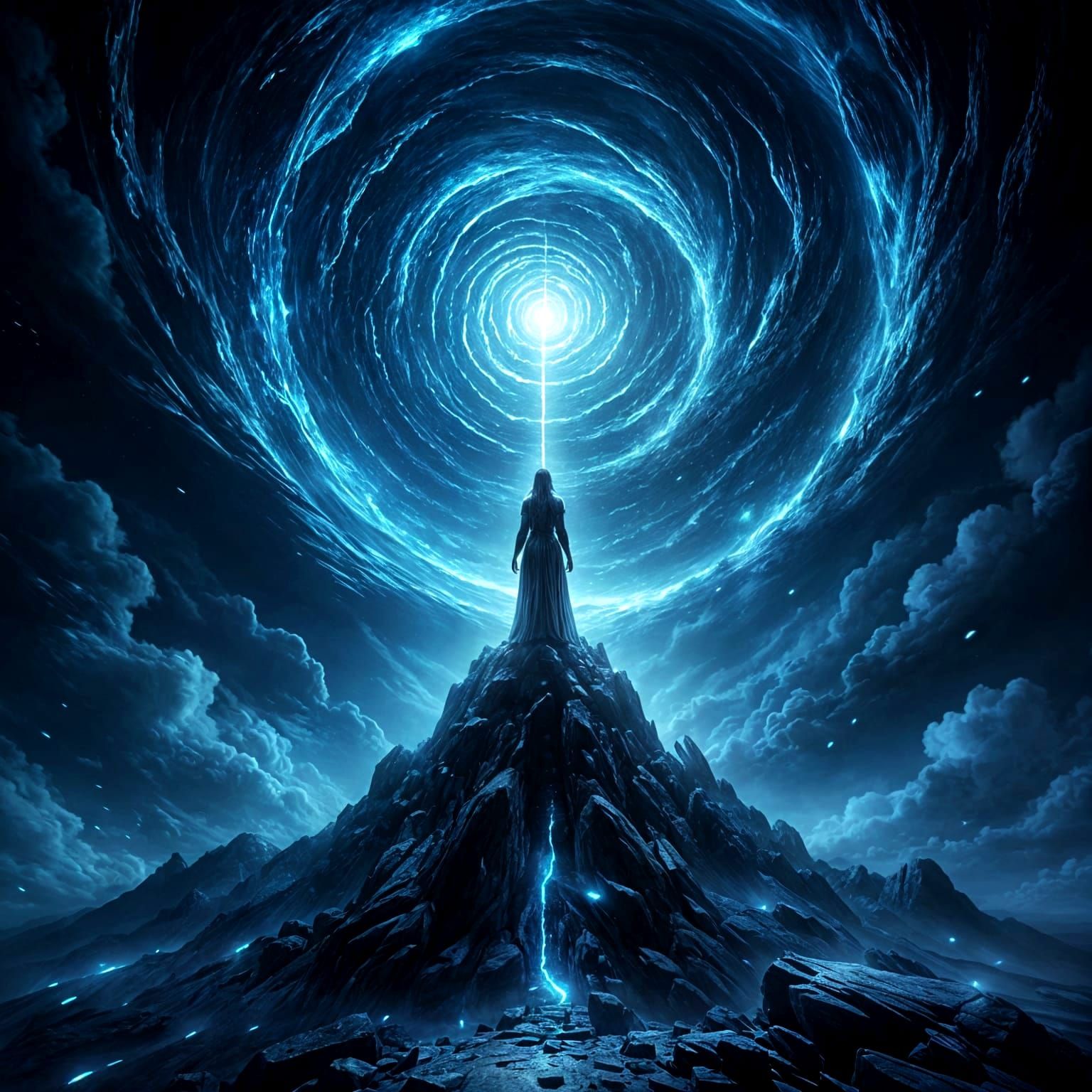 Sorceress on Obsidian Tower Against Cosmic Vortex