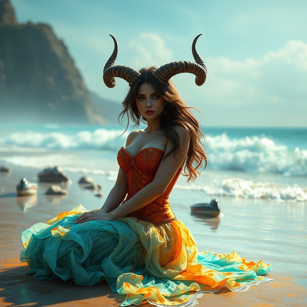 Horned Goddess on Beach in Alcohol Ink Style