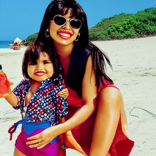 Selena Quintanilla and Dora on a Beach