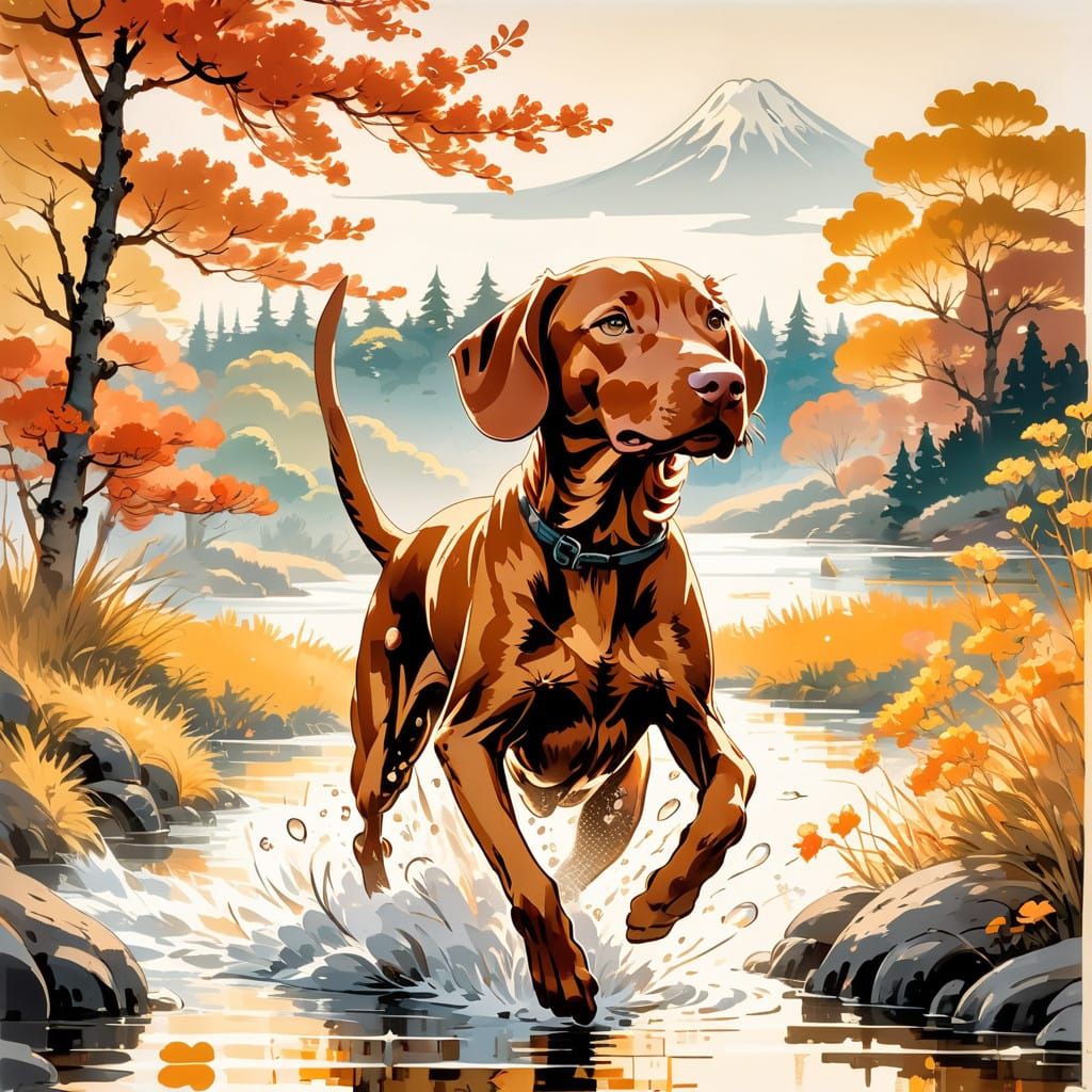 Vibrant Hungarian Setter Chases Duck in Autumn River Scene