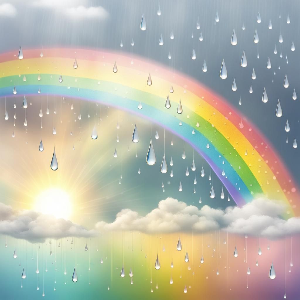 Rainbow Raindrops with Pastel Clouds and Sunshine