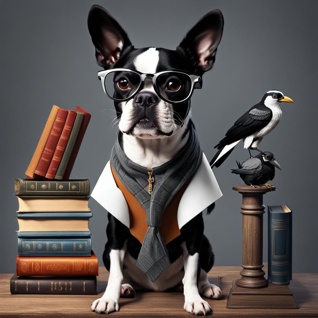 Hipster Boston Terrier with Crow: Fantasy Concept Art