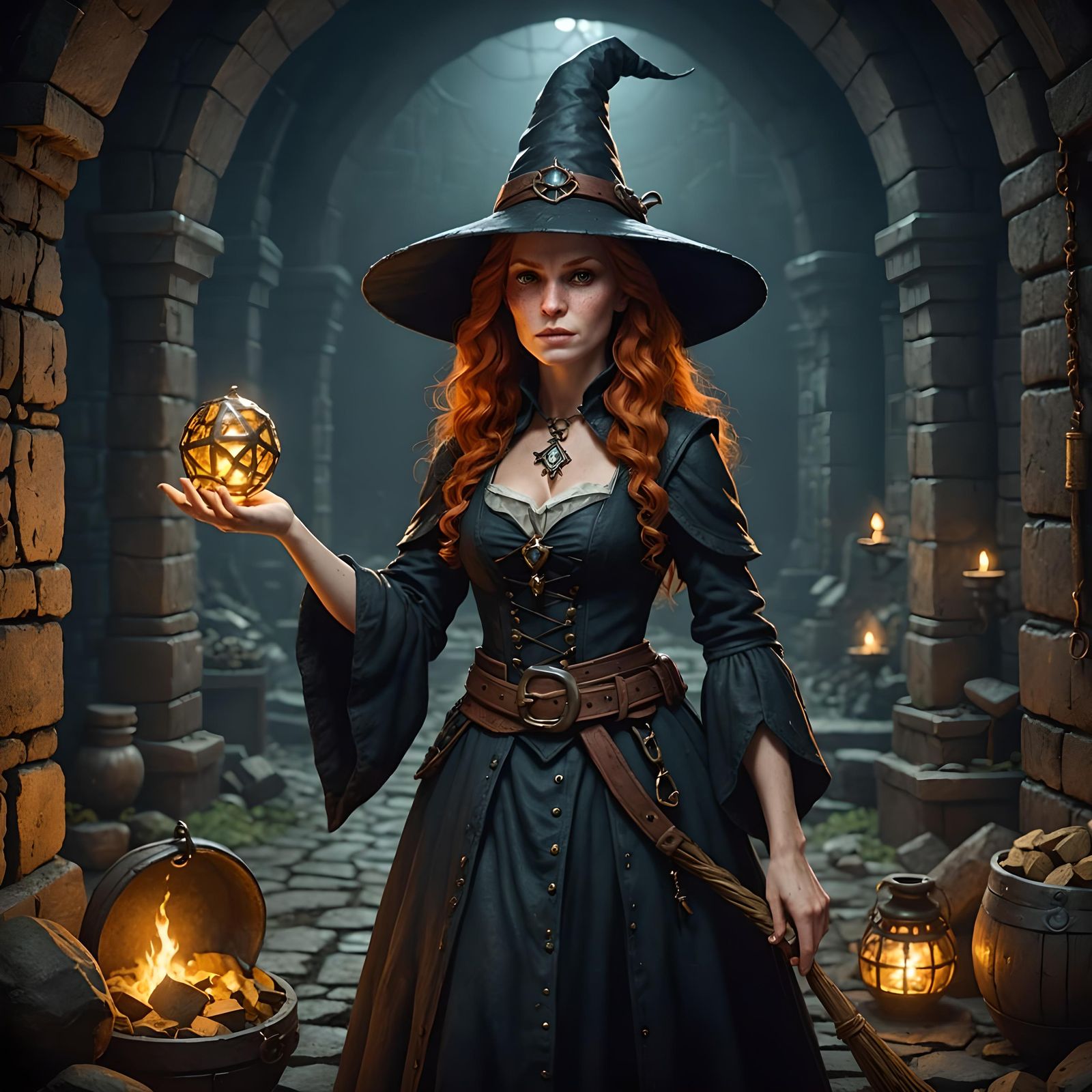 Freckled Witch Gathering Treasure in Dark Dungeon