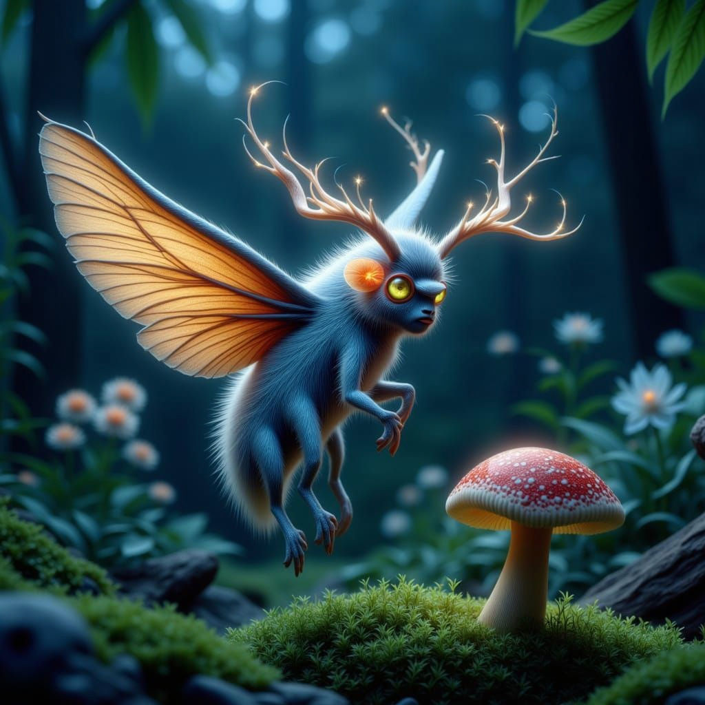 Fantastical Moth-Mushroom Creature in Enchanted Forest