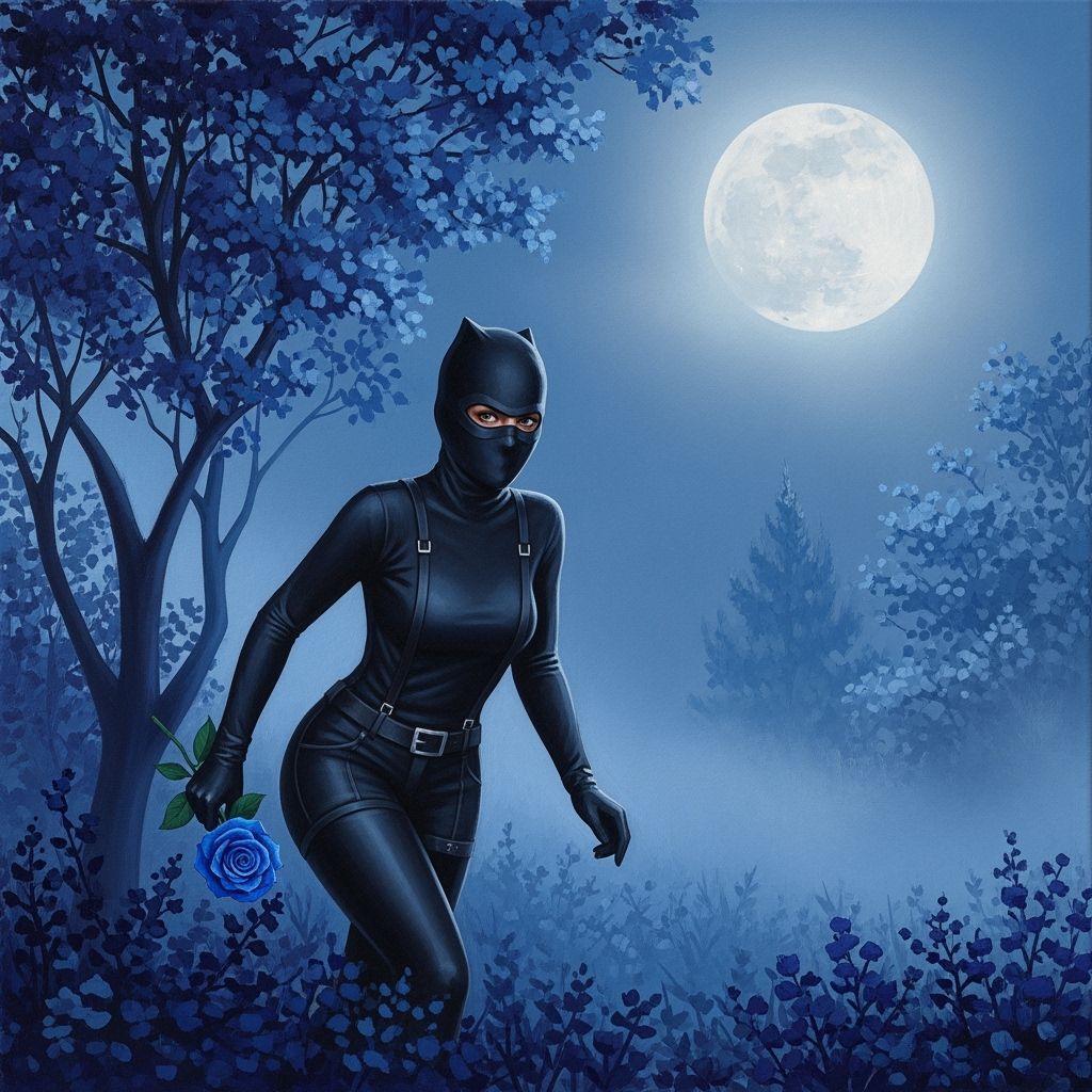 Mysterious Burglar in Moonlight Garden with Blue Rose