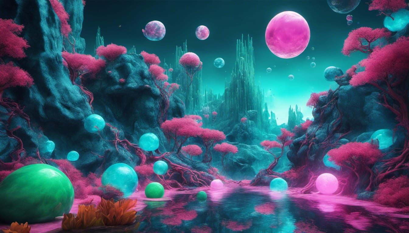 Glowing Bubblegum Planet: Hyperrealistic Fantasy Landscape