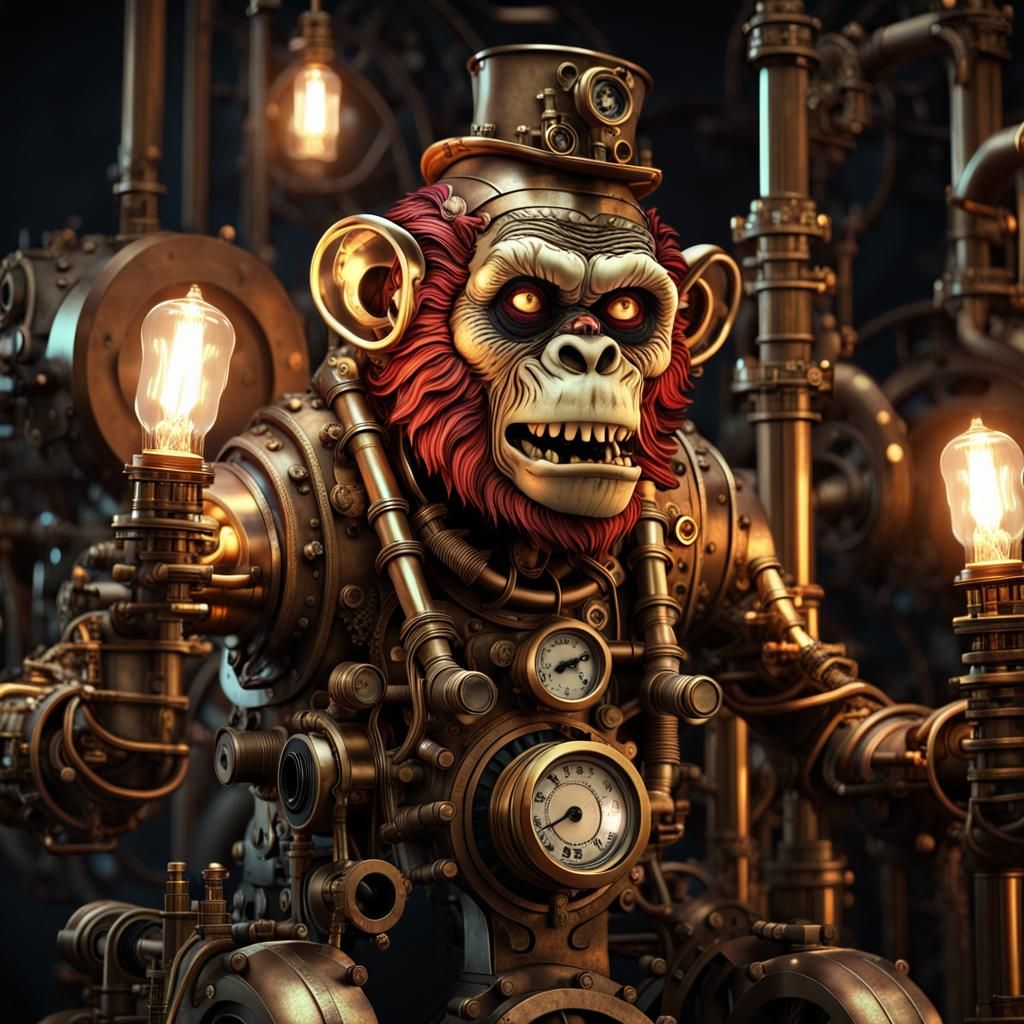 Steampunk Zombie Monkey Clown on Engine