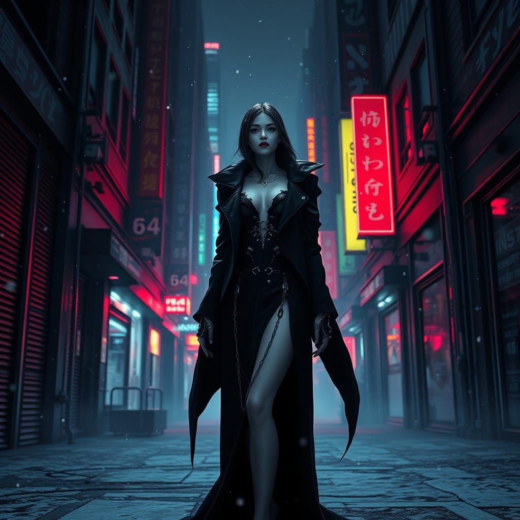Cyberpunk Vampire Goddess Reigns Over Dark Cityscape