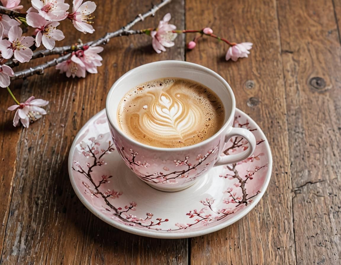 Cherry Blossom Coffee Cup on Wood, 3D Anime Style