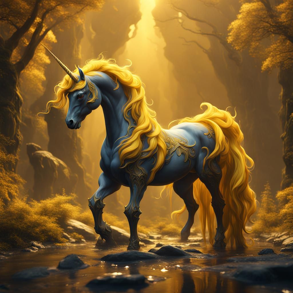 Fantastical Yellow Unicorn in Detailed Matte Painting