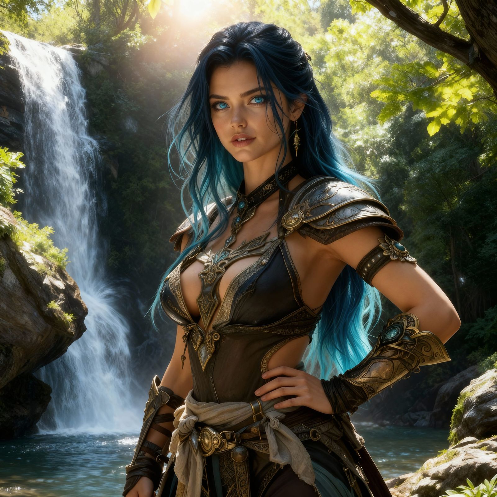 Fantasy Warrior Woman in Sunny Forest Waterfall