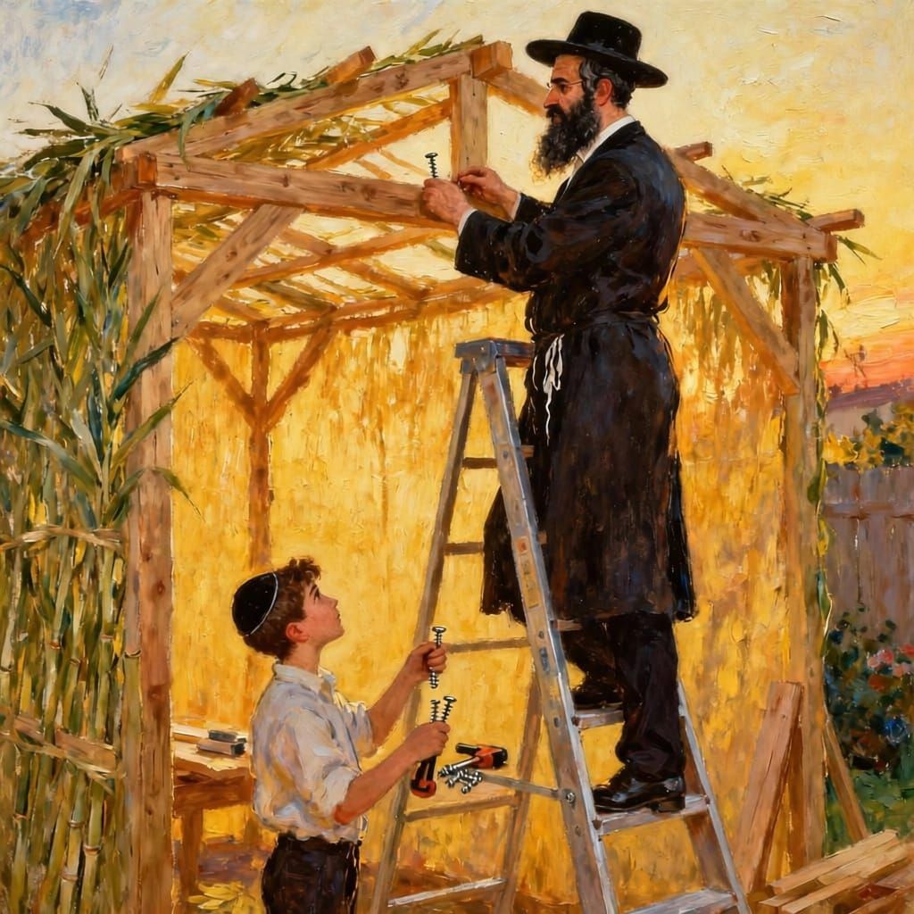Chasidic Father Builds Succah for Sukkot Holiday