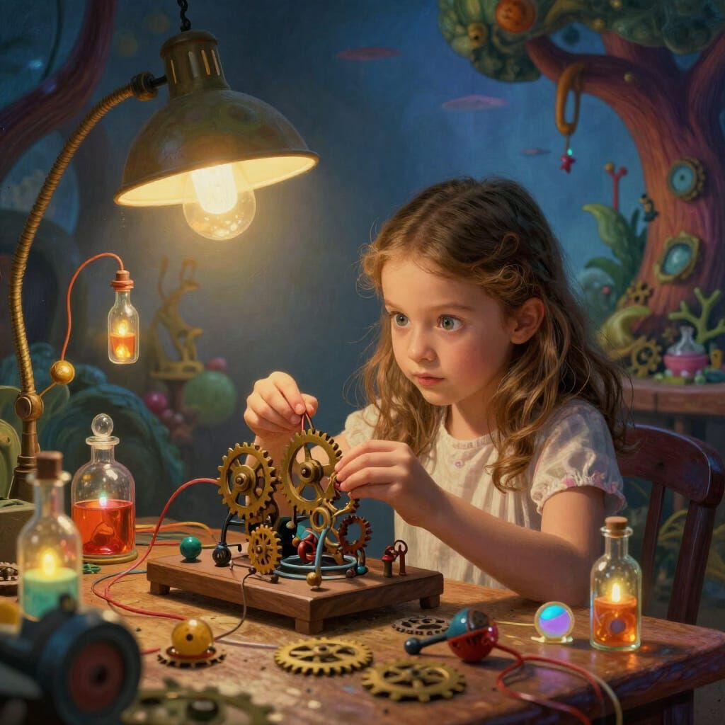 Girl Builds Whimsical Contraption in Surrealist Workshop