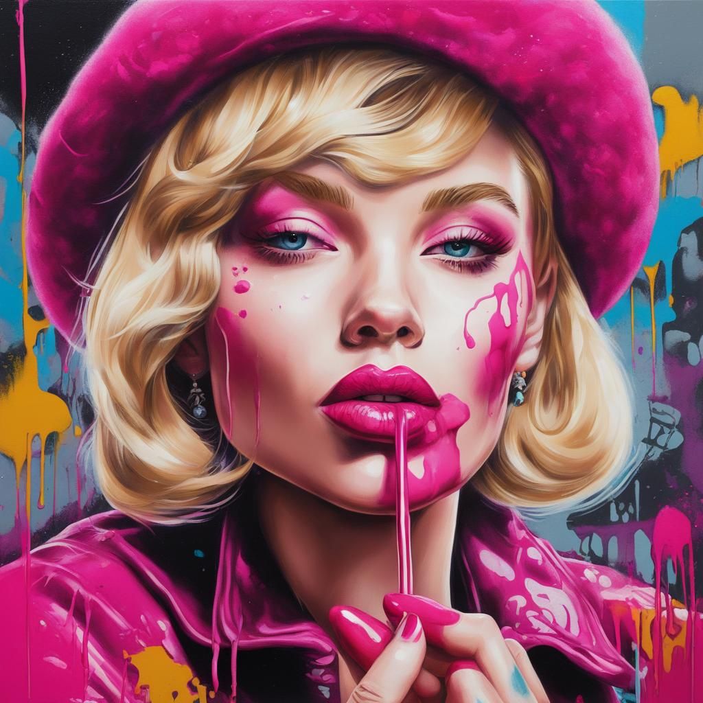 Blonde Woman in Raspberry Beret, Graffiti Art