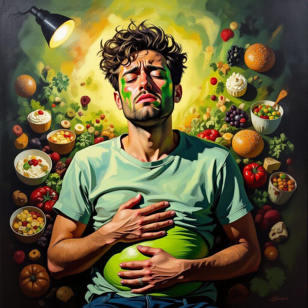 Surrealist Oil Painting of Overeating Distress