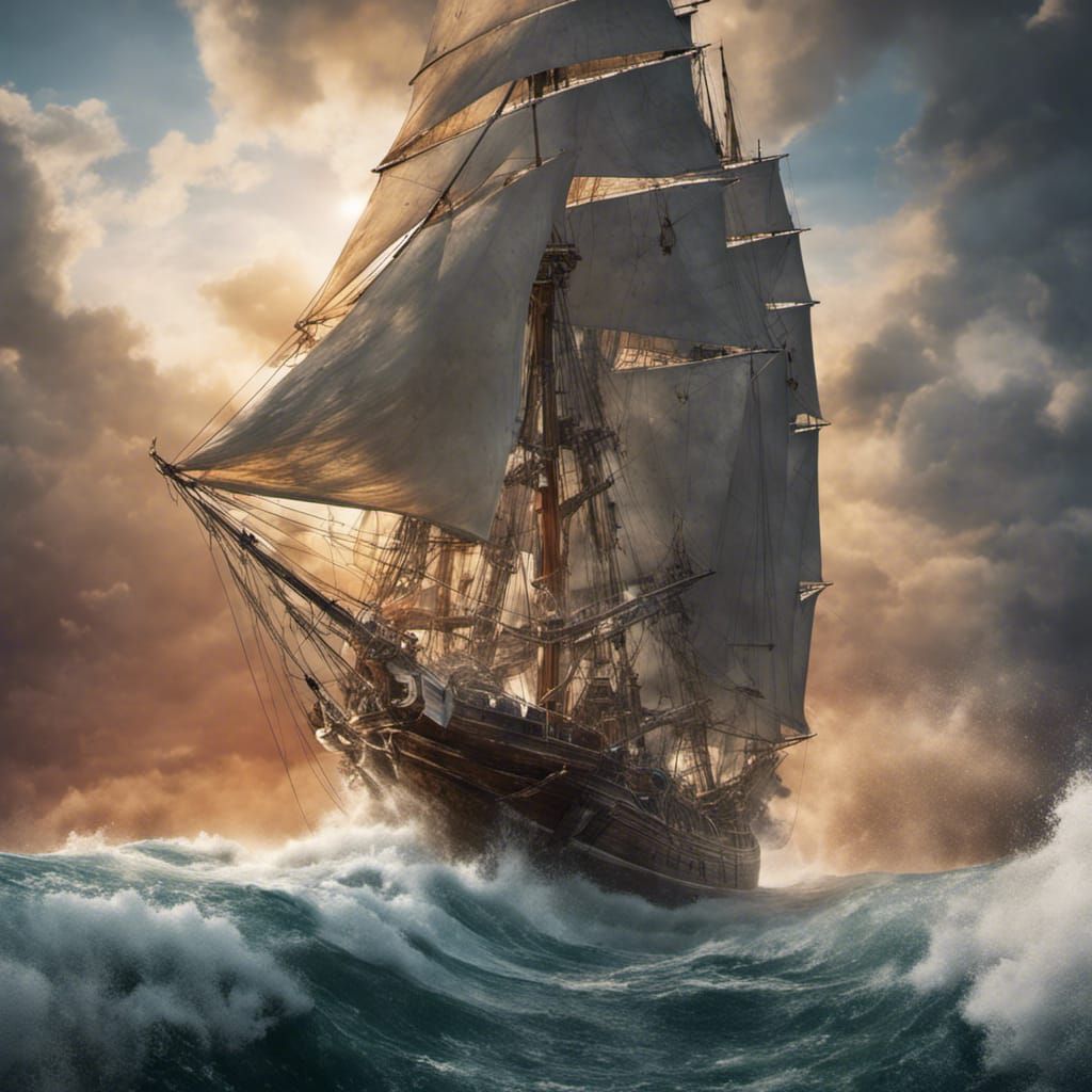 Schooner Sailing Through Foaming Waves: Fantasy Matte Painti...