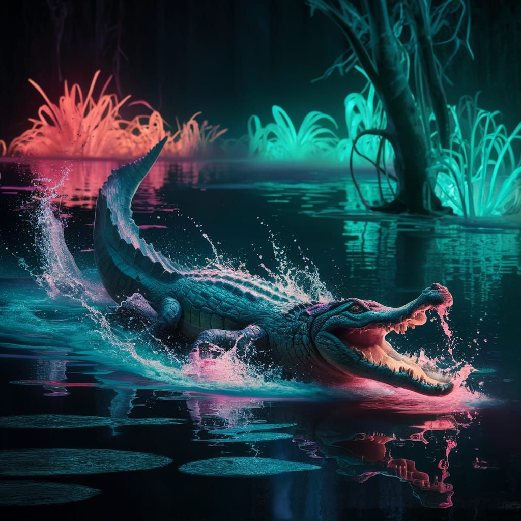 Eerie Neon Creature in Bioluminescent Everglades
