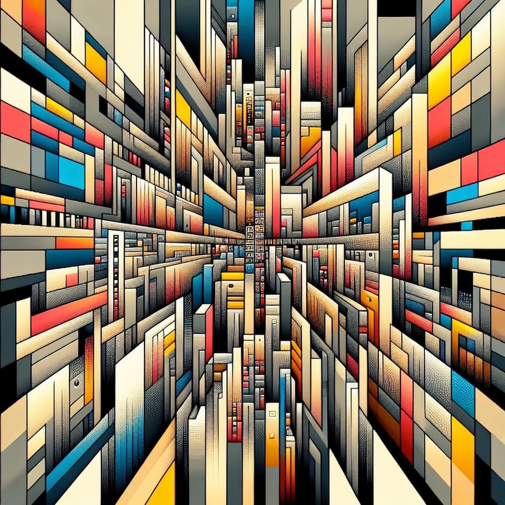 Surreal Geometric Cityscape Blends Retrofuturism and Abstrac...