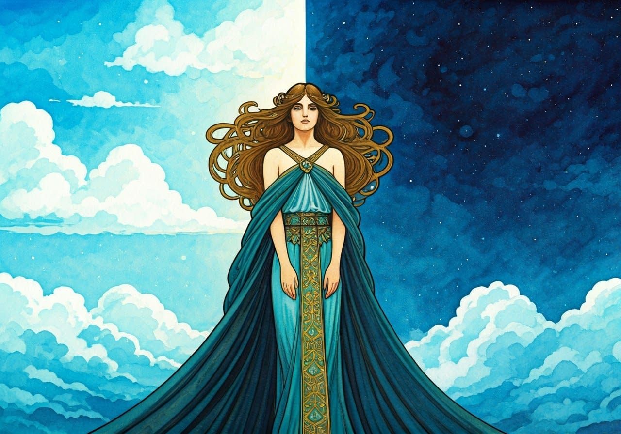 A woman caught between Day and Night, book illustration, style of Kay Nielson