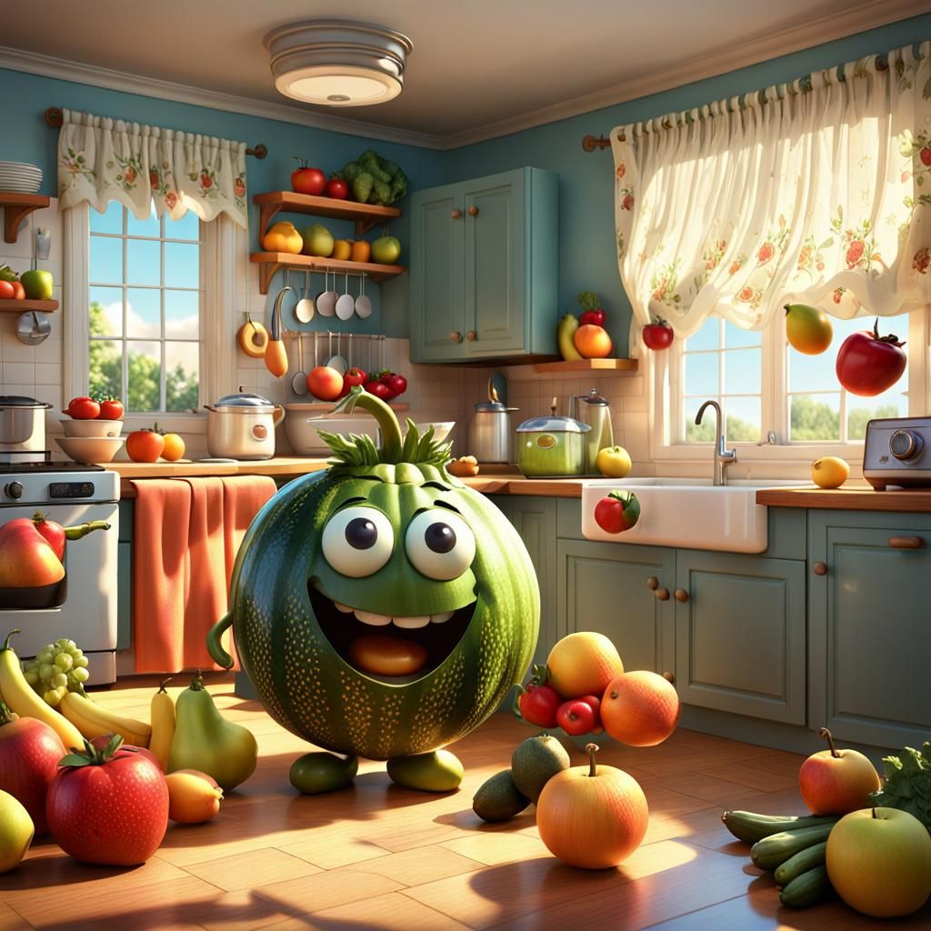 Playful Cartoon Food Dance in Sunny Kitchen