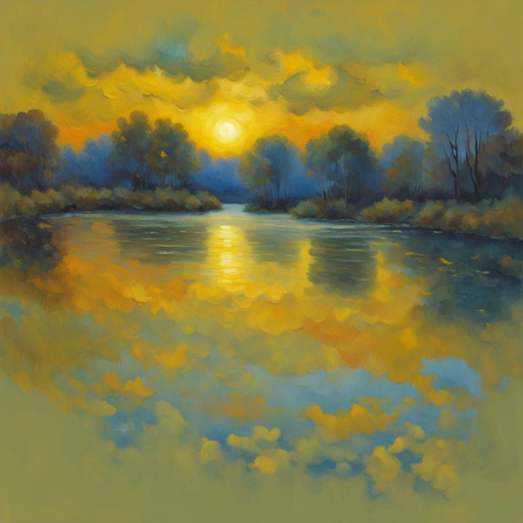 Impressionist Pond at Twilight with Swirling Clouds