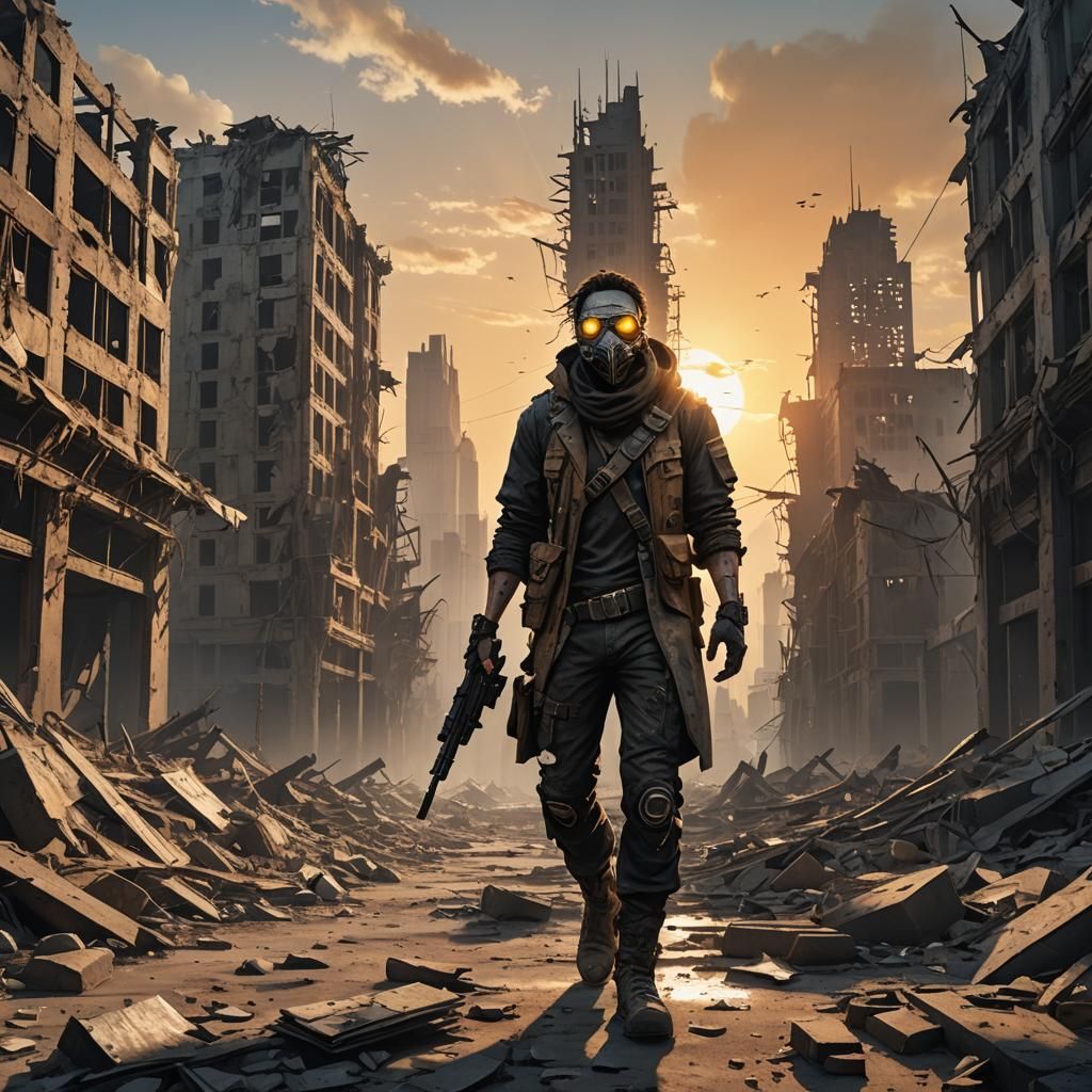 Post-Apocalyptic Scavenger in Ruined City