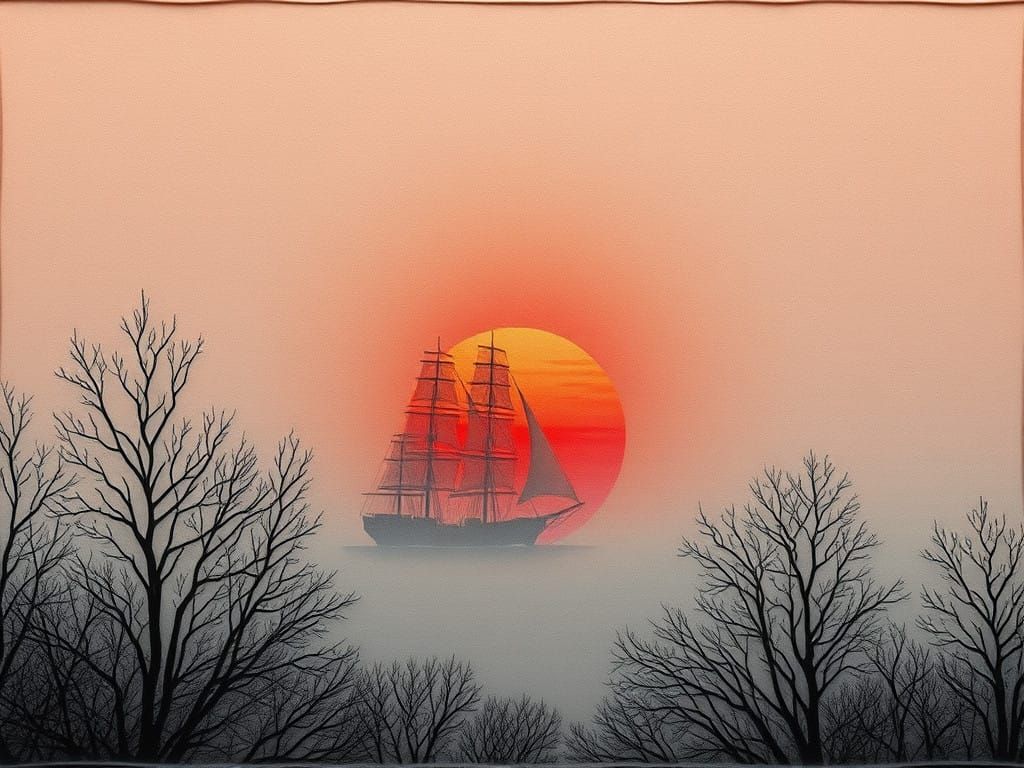 Impasto Painting of Ships in Morning Fog over Seine