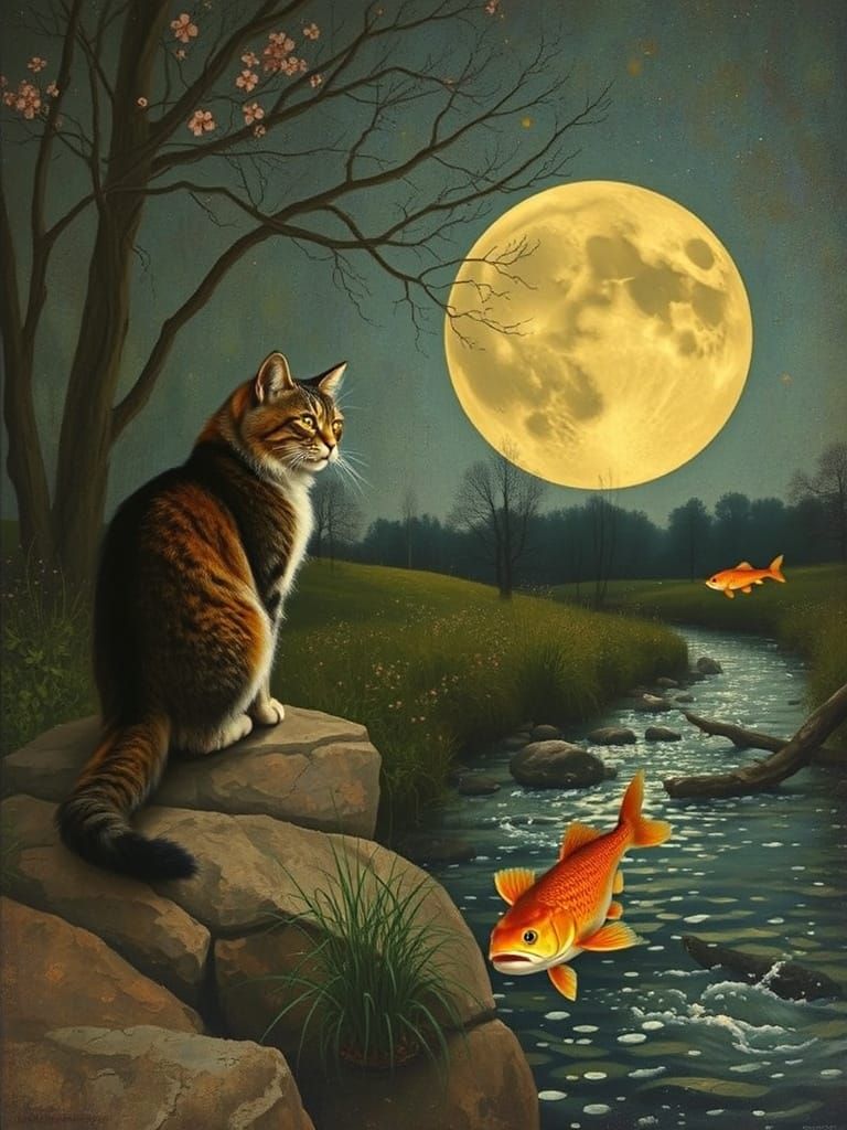 Futuristic Cat Observes Iridescent Moonscape with Jumping Fi...