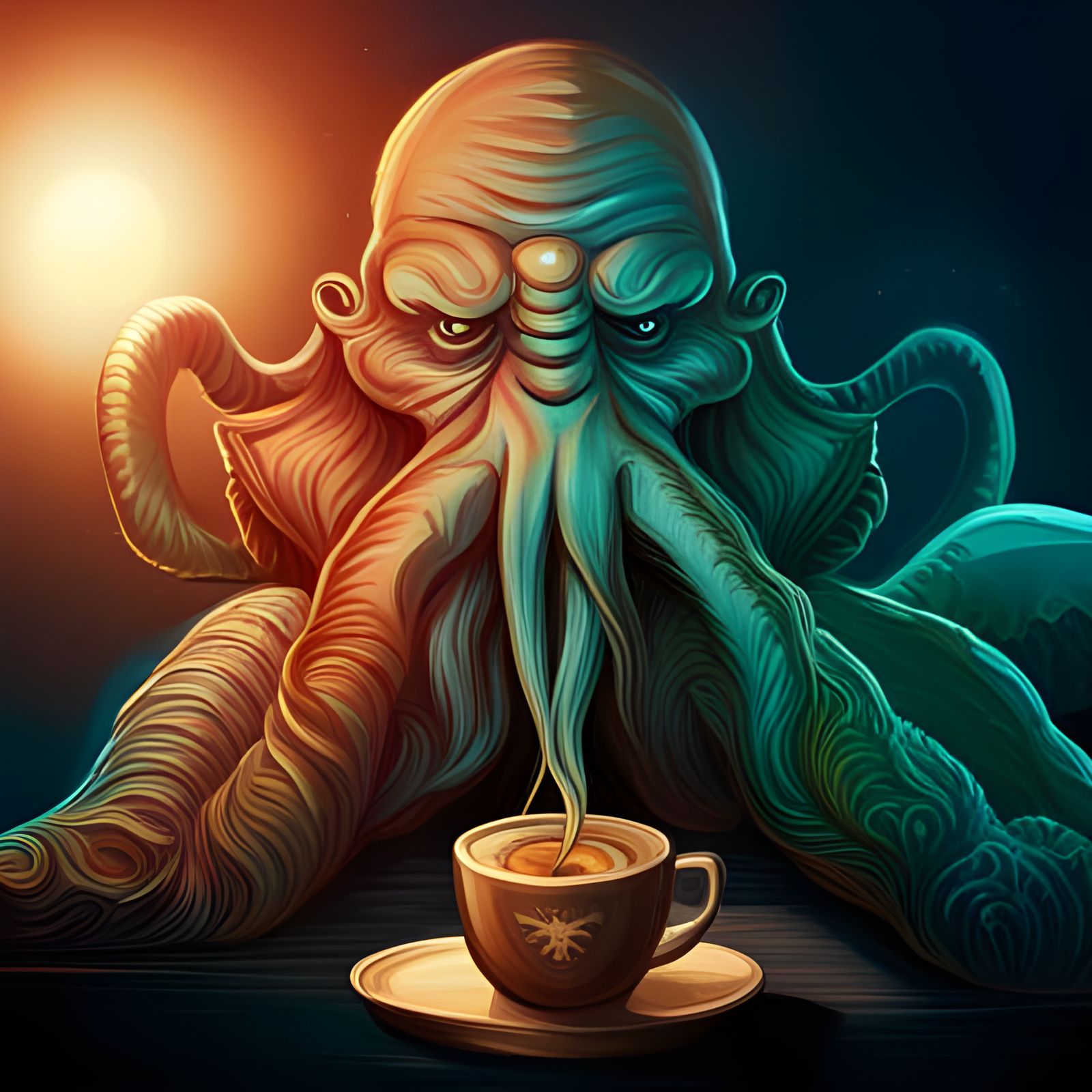 Cthulhu Drinks Coffee: Hyperrealistic Splash Art