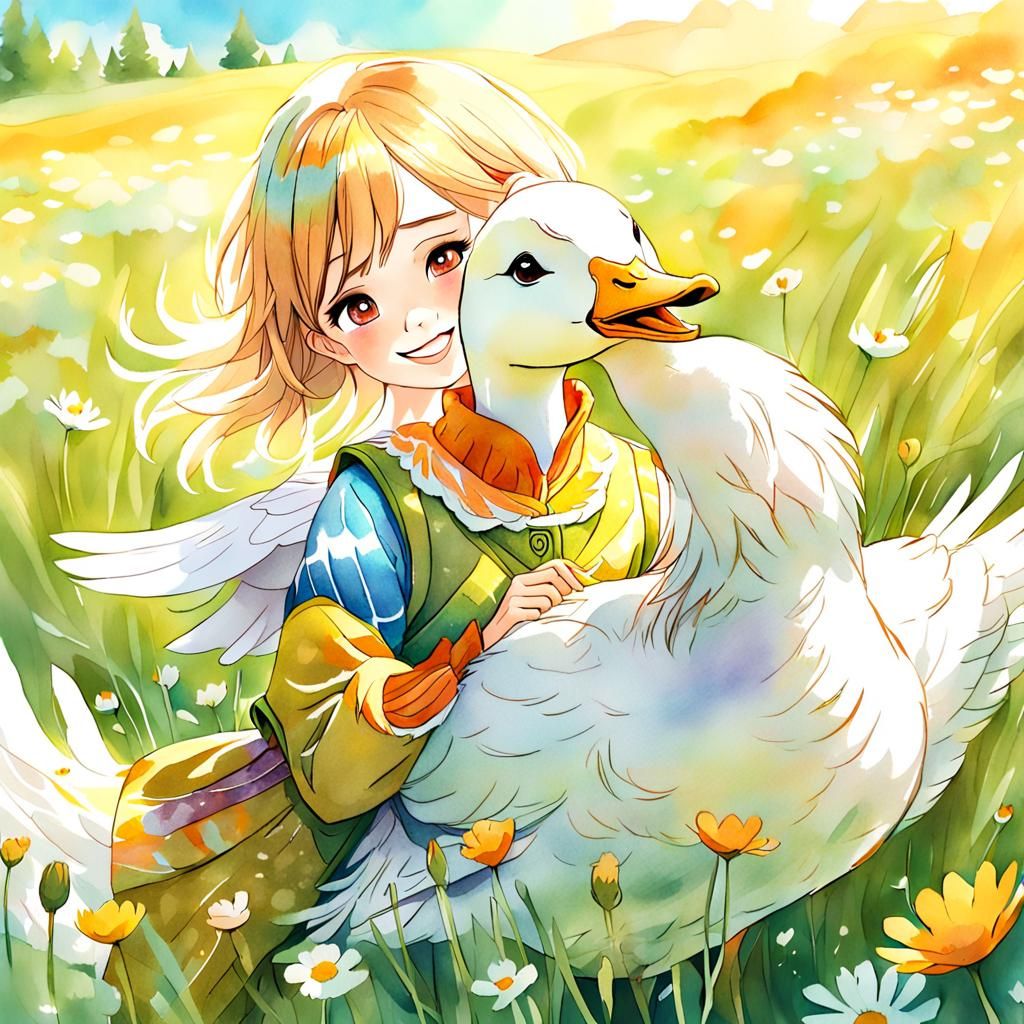 Anime Art: Goose Lover in Lush Meadow