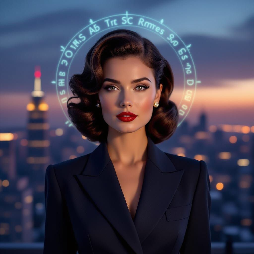 Retro Haired Woman in Twilight Cityscape