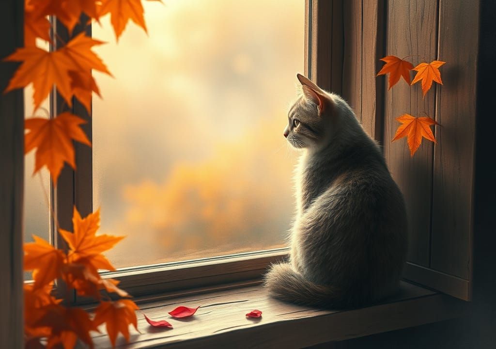 Autumn Cat Gazing Through Misty Window
