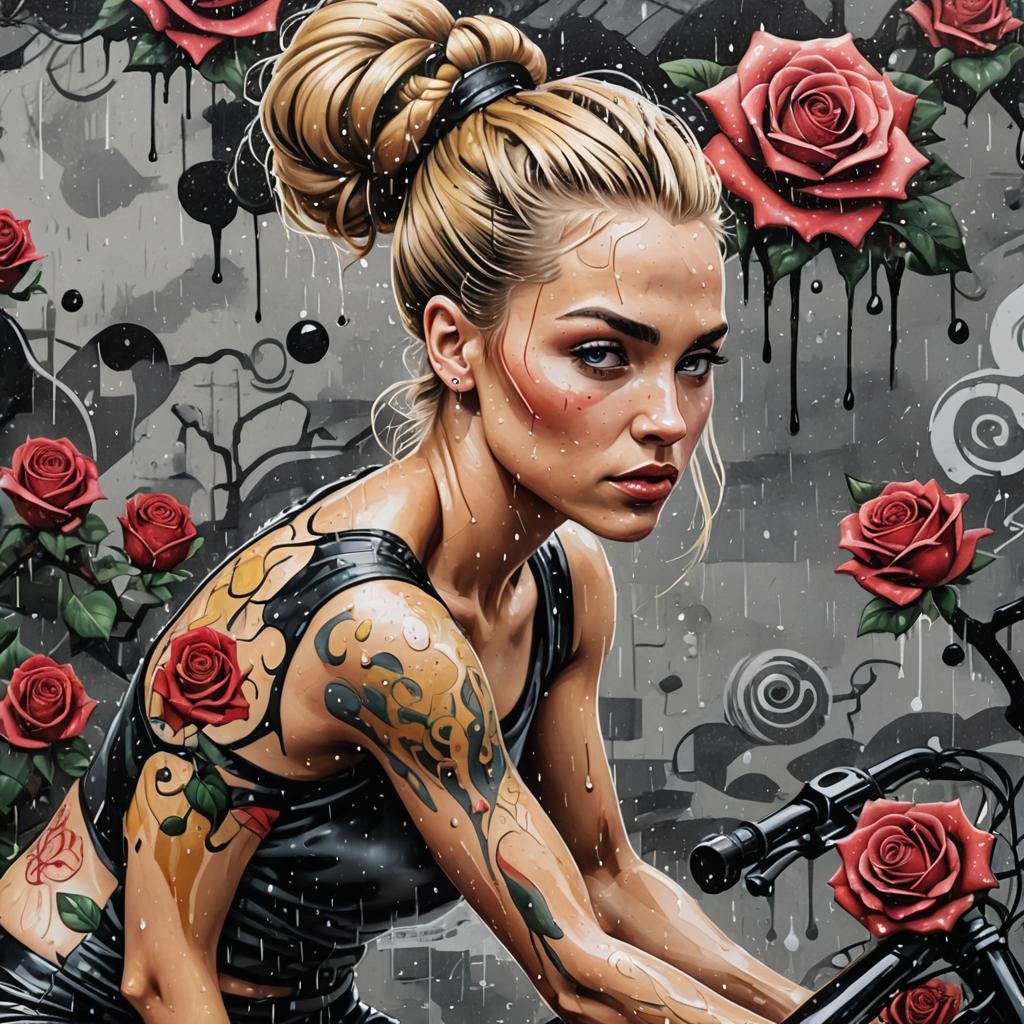 Graffiti Art of a Woman Biking in the Rain