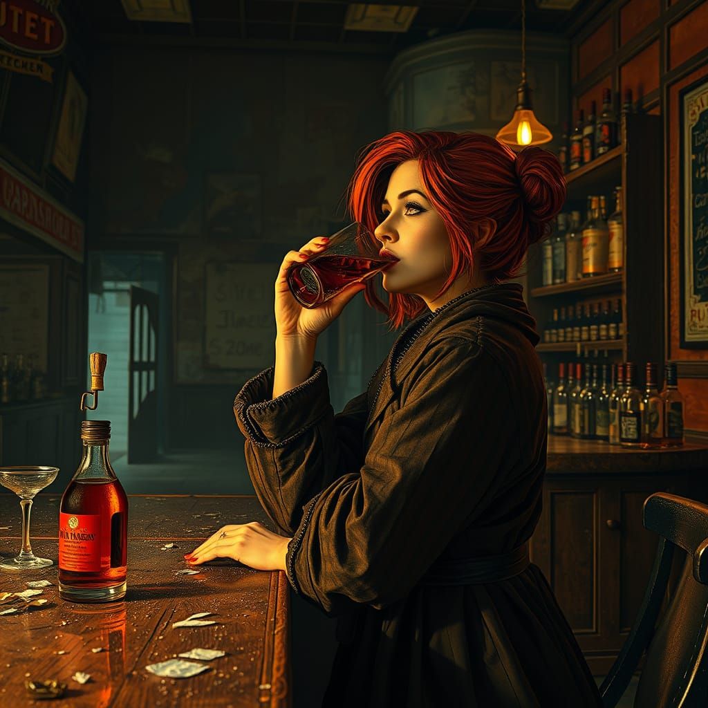 Elegant Redhead Sipping Whiskey in Abandoned Bar