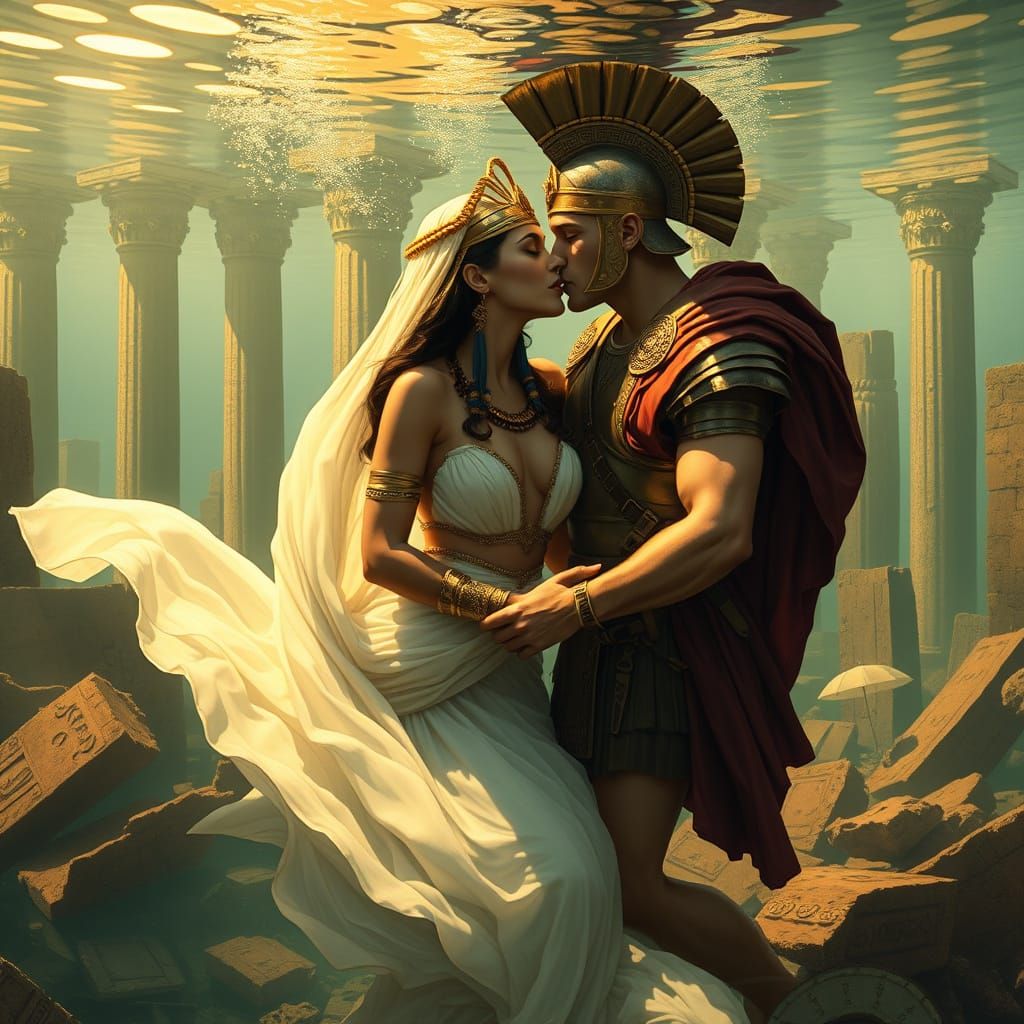 Egyptian Queen Kissing Roman Soldier in Underwater Ruins