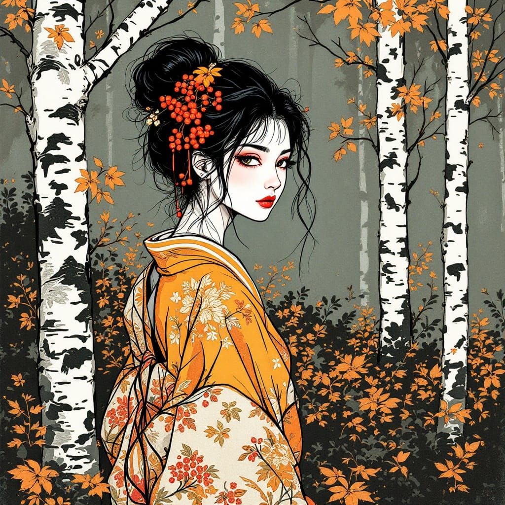 Serene Japanese Woman in Golden Embroidery