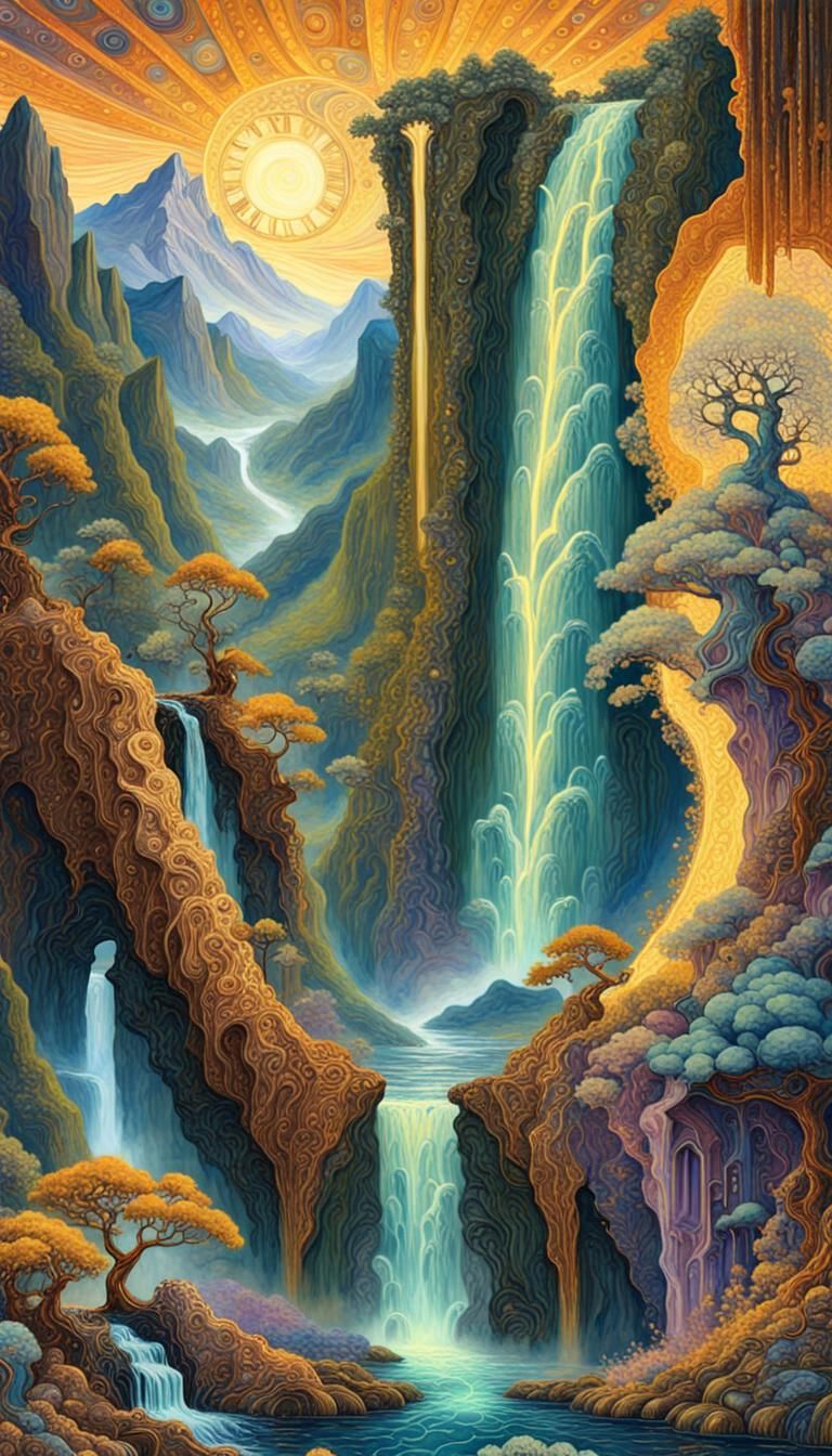 Waterfall and Mountains in Maximalist Digital Art