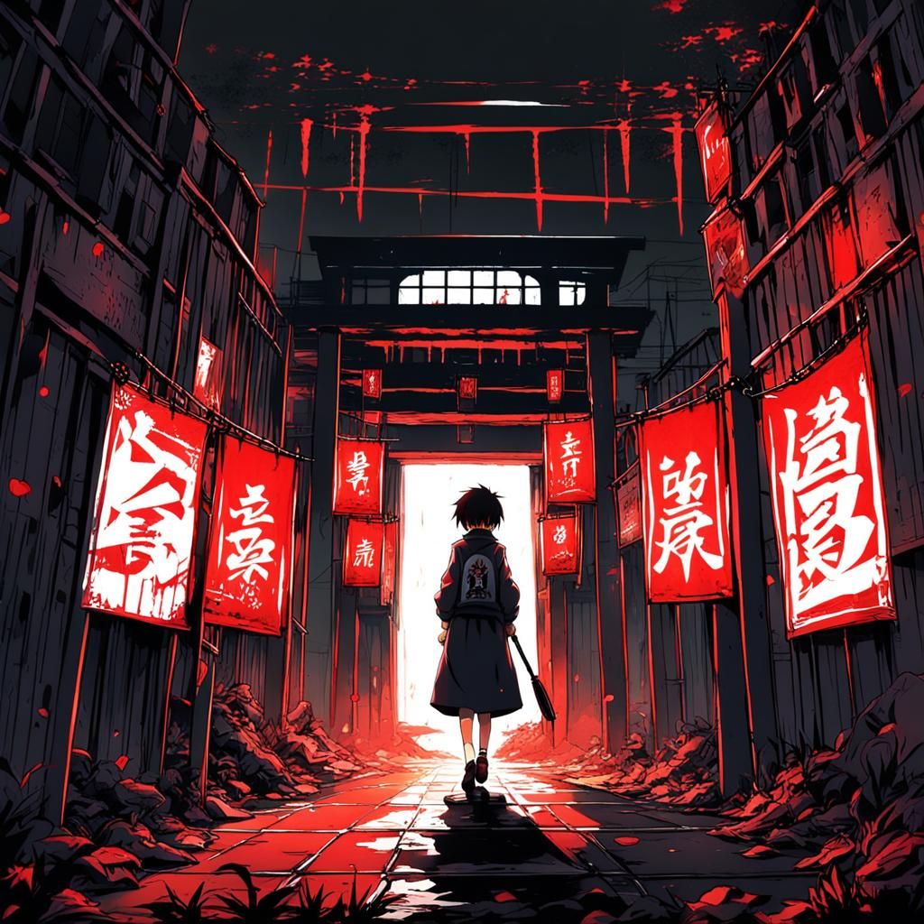 Anime Style Prison with Red Lights and Horror Ambiance