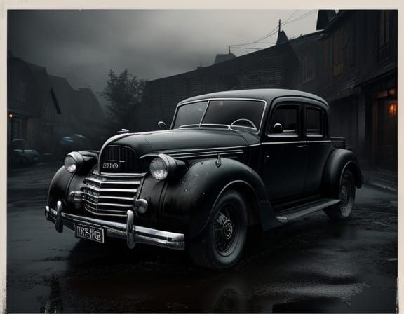 Vintage Black Automobile in Wet Village Setting