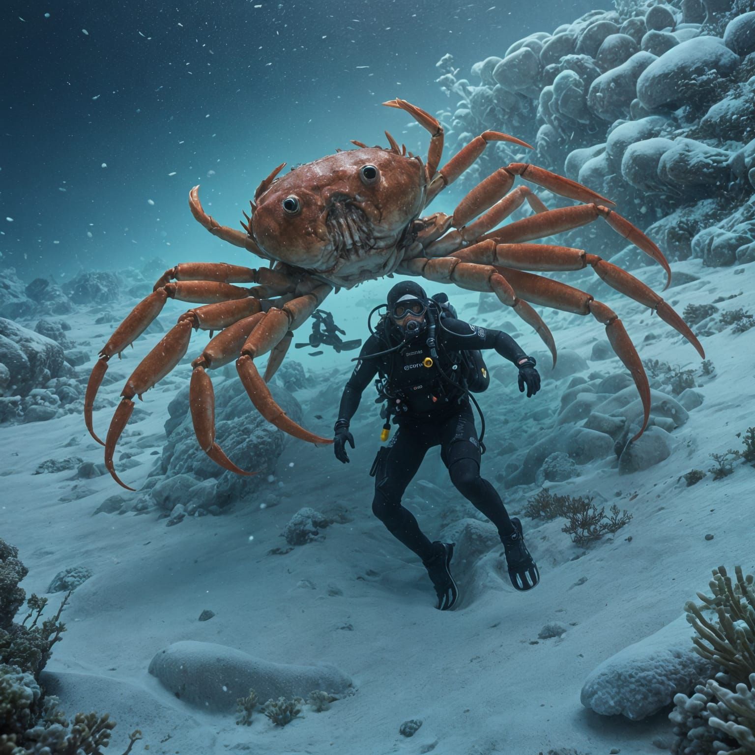 Diver Meets Giant Crab in Deep Sea Art