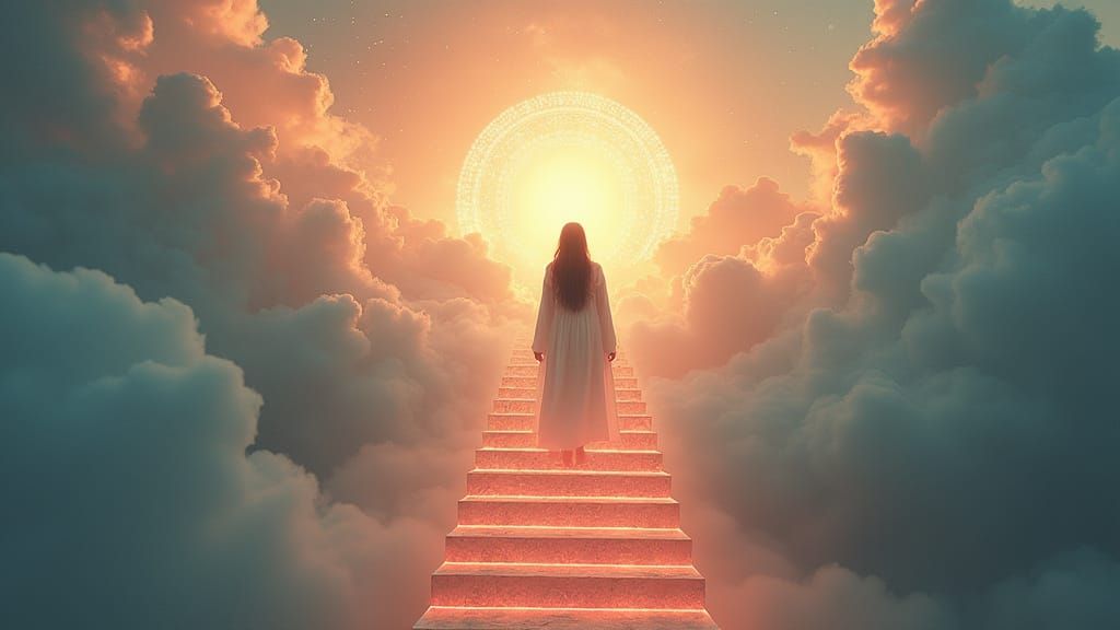 Woman Ascending to Radiant Clouds in Digital Art