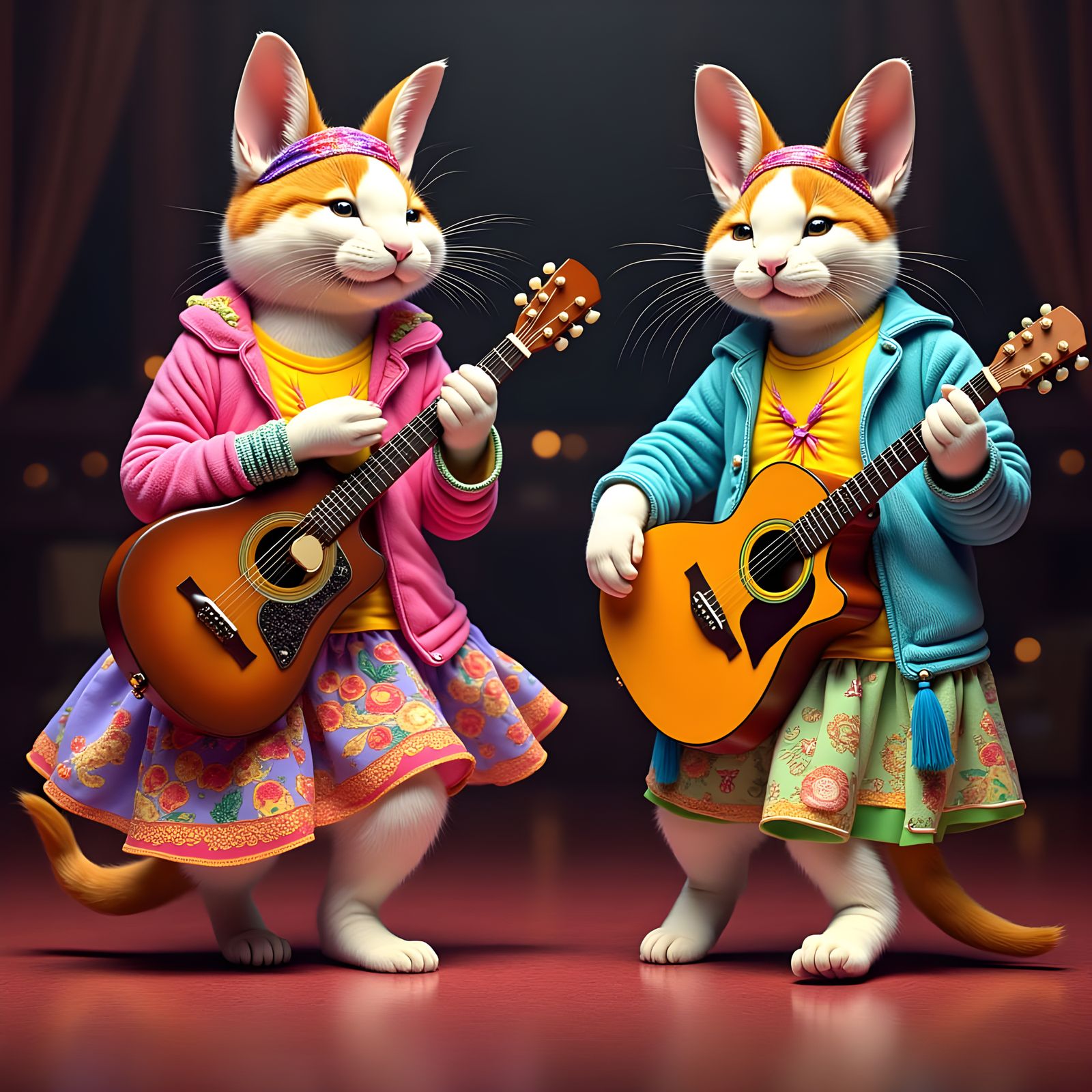 Whimsical Folk Cats in Colorful 1970s Outfits