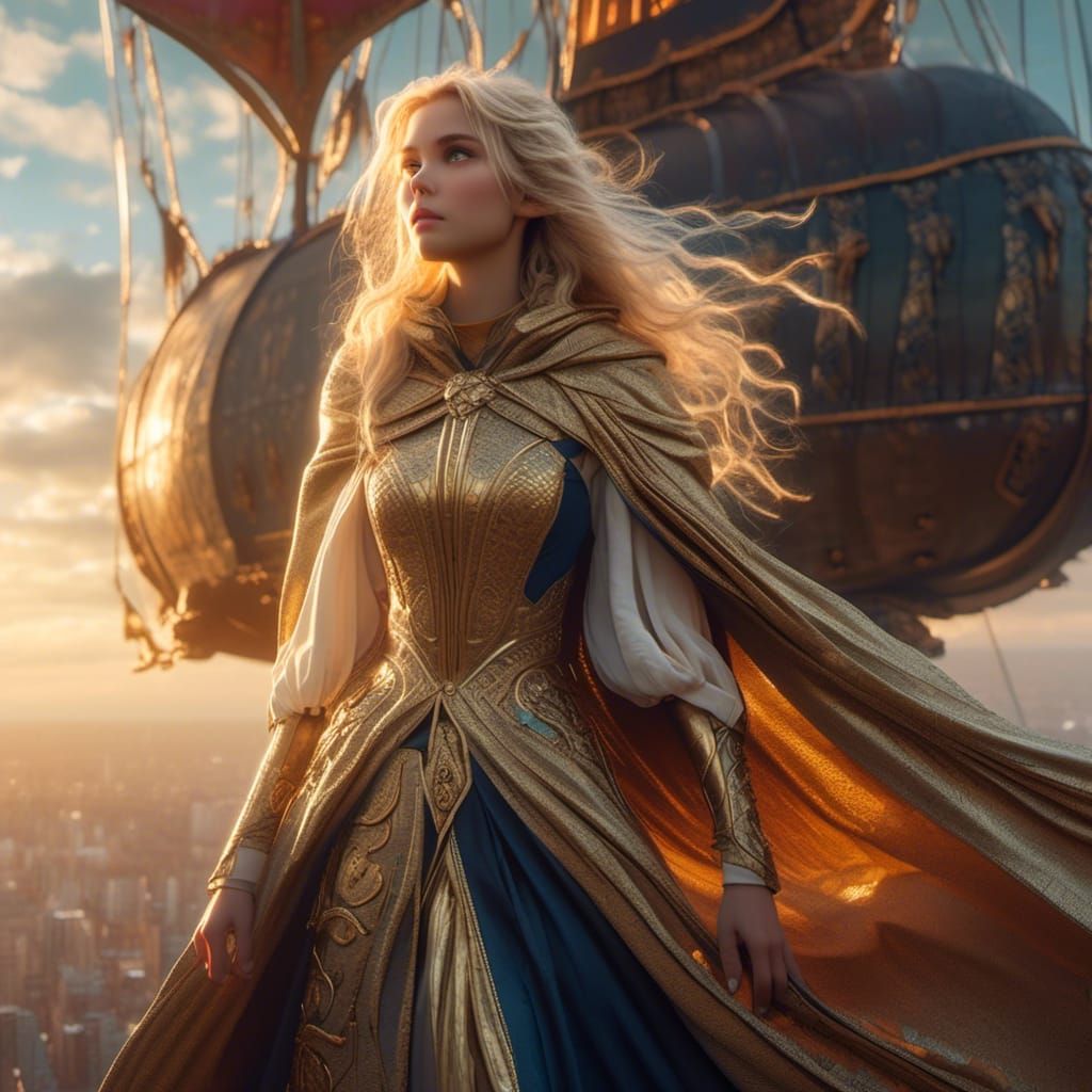 Golden-Haired Elf on Airship, Fantasy Artwork