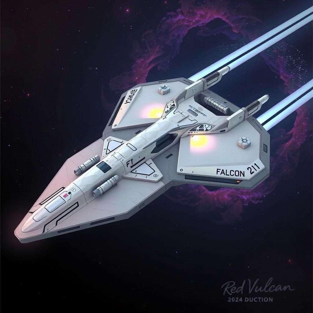 A "Falcon 211" fighter space vessel with a luminous, hologra...