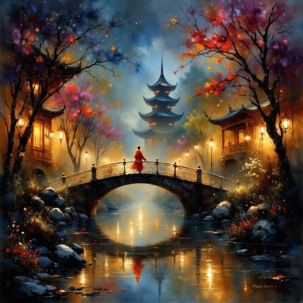 Monk Crosses Bridge at Night with Lanterns