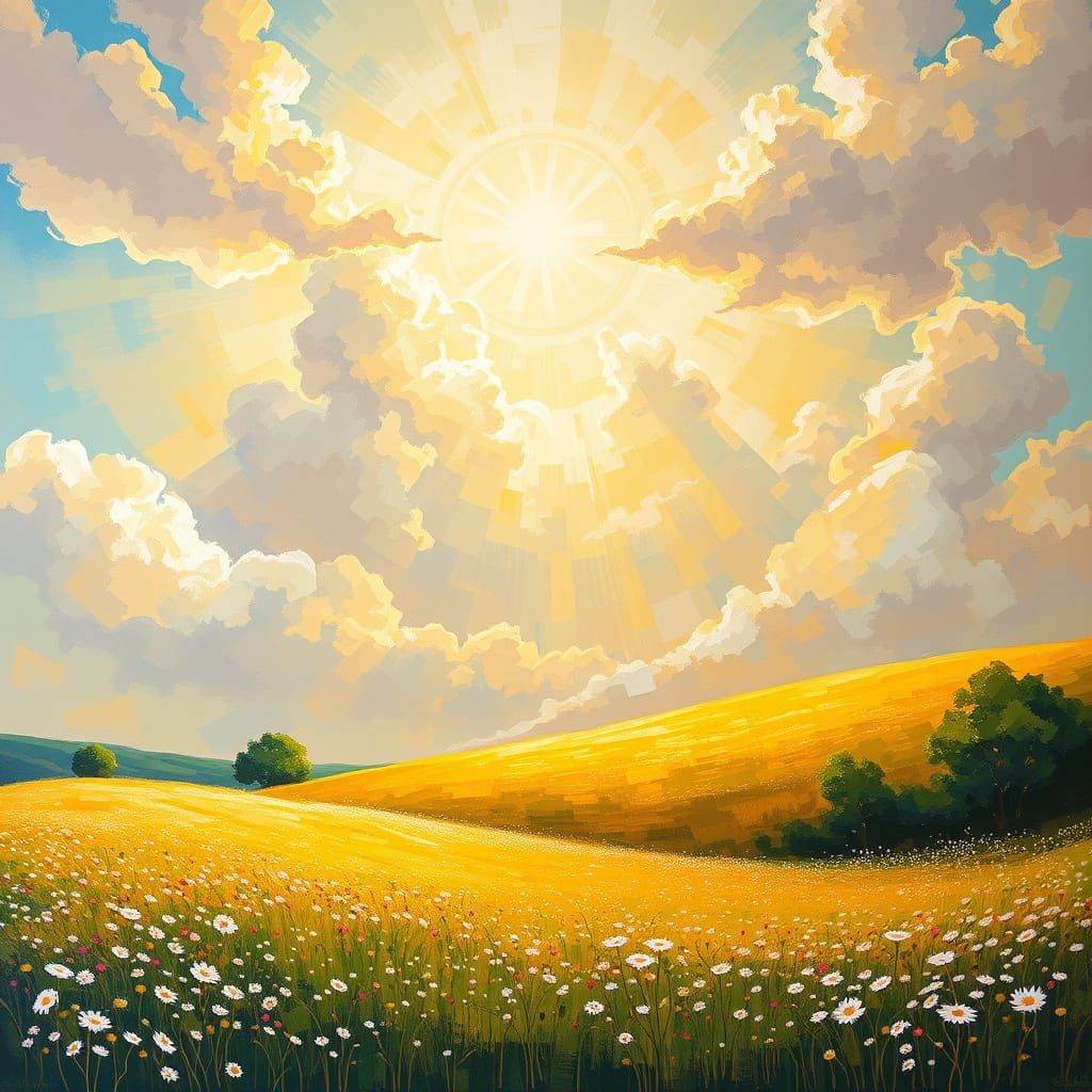 Surreal Landscape Oil Painting of Heavenly Fields